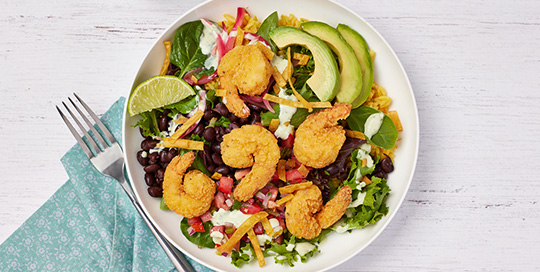 Crispy Shrimp Taco Bowl with Pico de Gallo & Avocado Crema